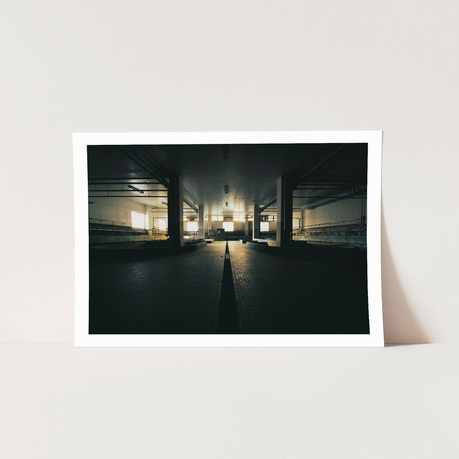Interior of the communal bathhouse at Ikeshima Coal Mine, showing a central drainage channel between two U-shaped concrete baths, lit by golden light from square windows at the far end.