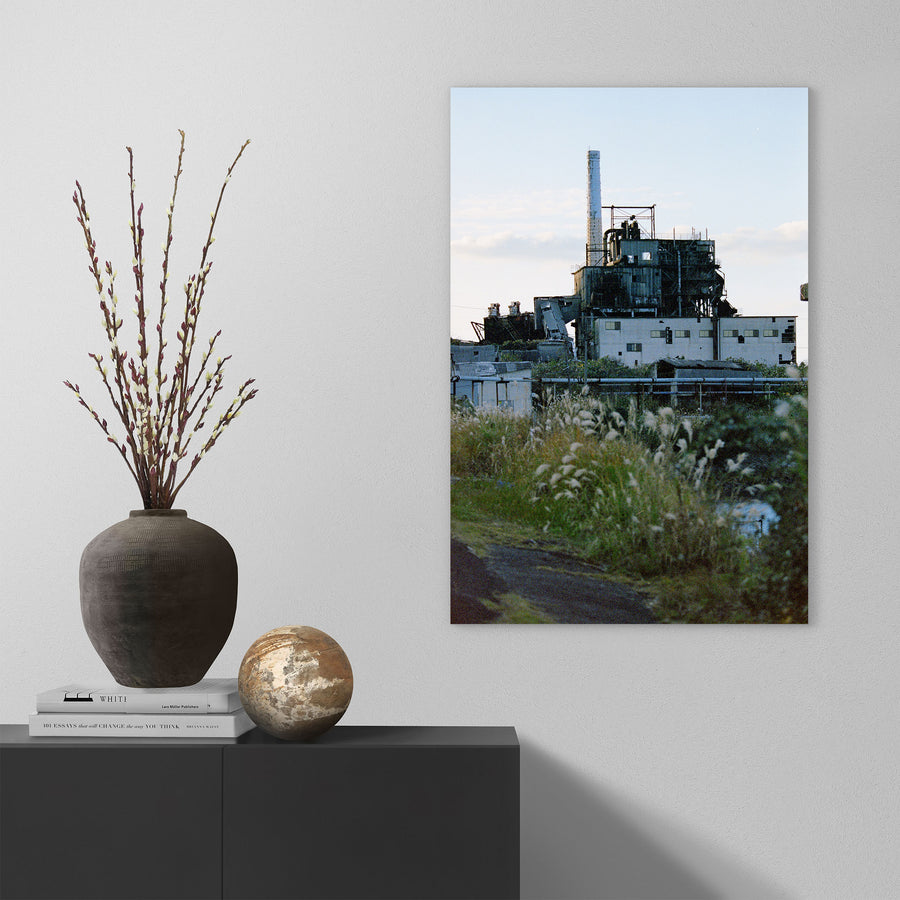 A slender white chimney and reinforced-concrete boiler house at Ikeshima, partly obscured by dense pale grasses, with a collapsed conveyor structure leading into the main block and yellowed window panes visible along the lower wall.