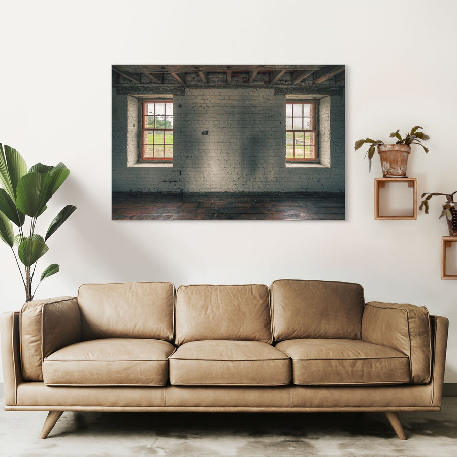 Twin timber sash windows at Jembaicumbene, whitewashed brick wall with exposed red brick reveals.