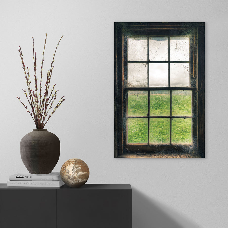 Timber sash window at Jembaicumbene, dusty panes and cobwebs framing a green paddock and overcast sky.