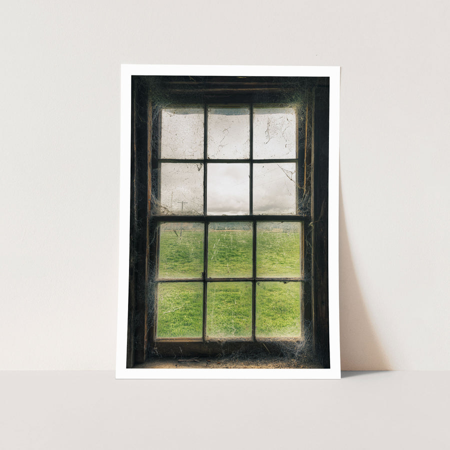 Timber sash window at Jembaicumbene, dusty panes and cobwebs framing a green paddock and overcast sky.
