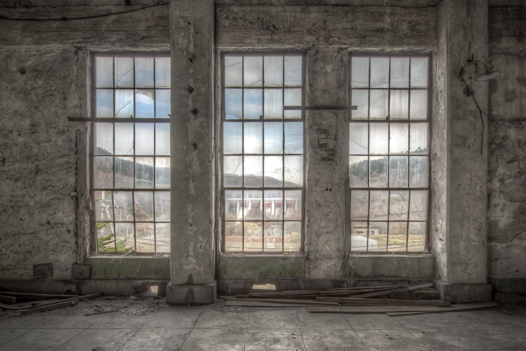 Three Windows at Shimizusawa Thermal Power Plant, three tall windows line the control room wall, their steel-mullioned.