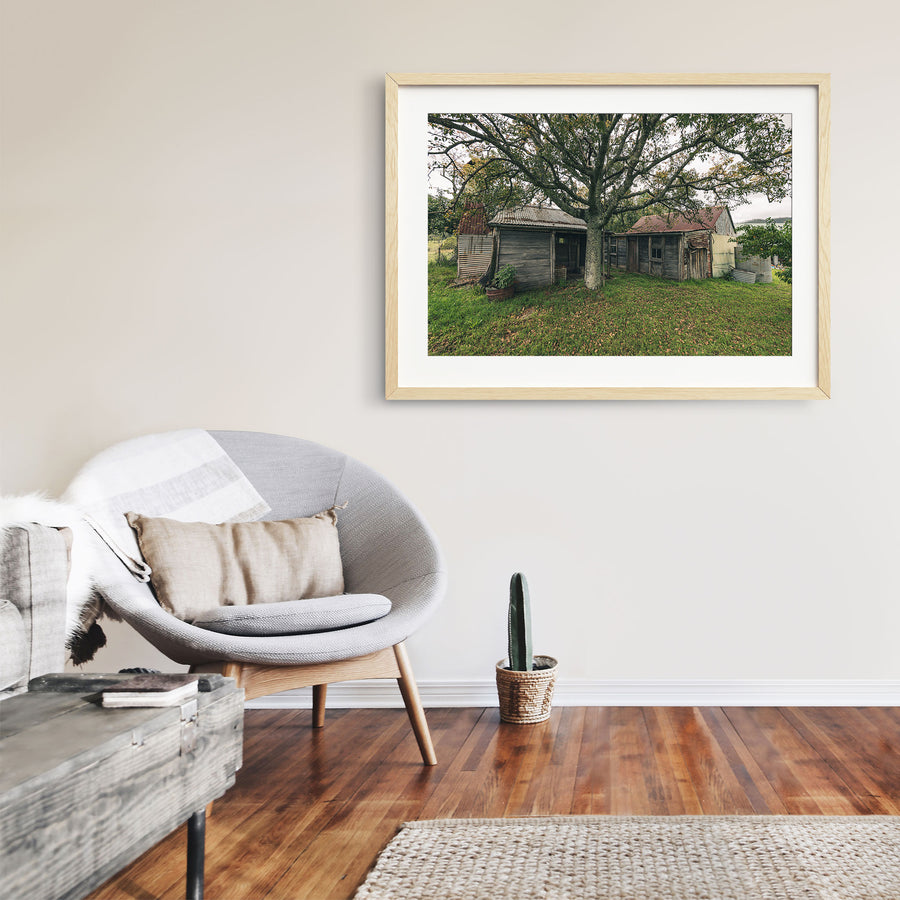 Two weathered timber sheds with corrugated iron roofs beneath a bare-limbed tree at Woolla, Deua River Valley, with a windowed lean-to and two corrugated water tanks to the right.