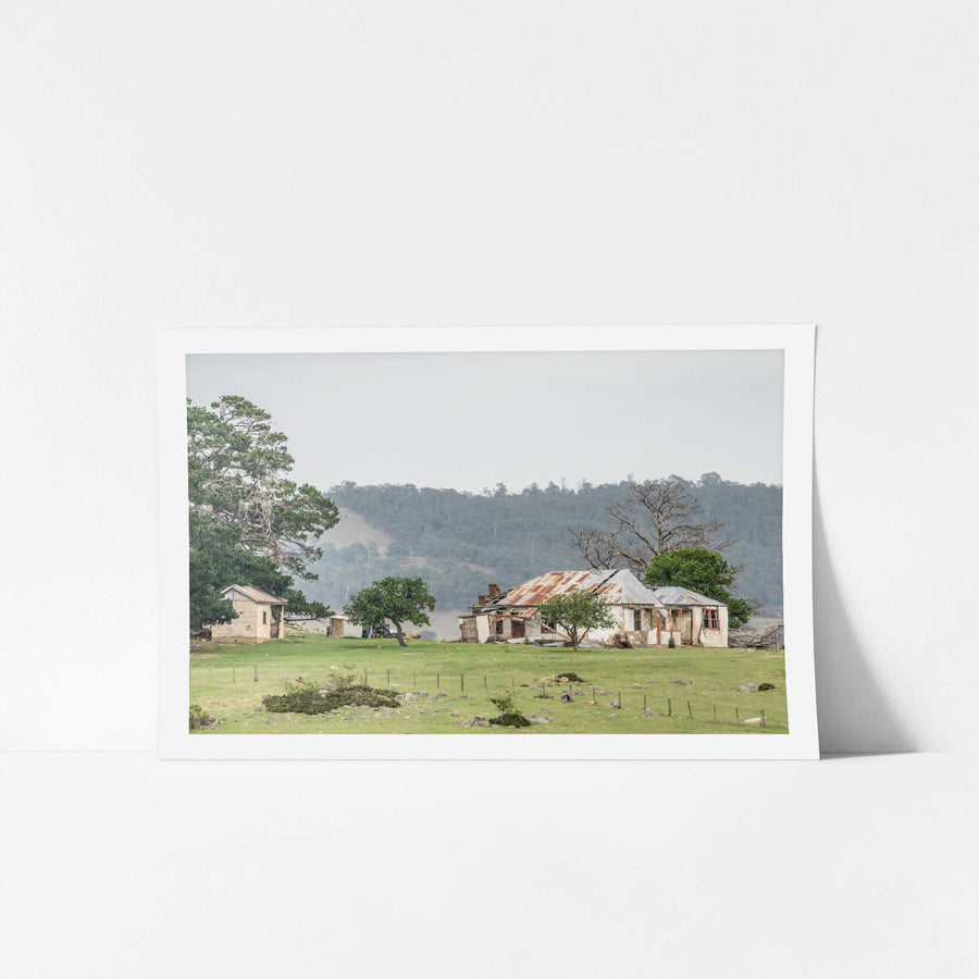 Jimenbuen Ruins at A Place to Call Home, a derelict farmhouse sits on open green pasture near Jimenbuen in rural New South.
