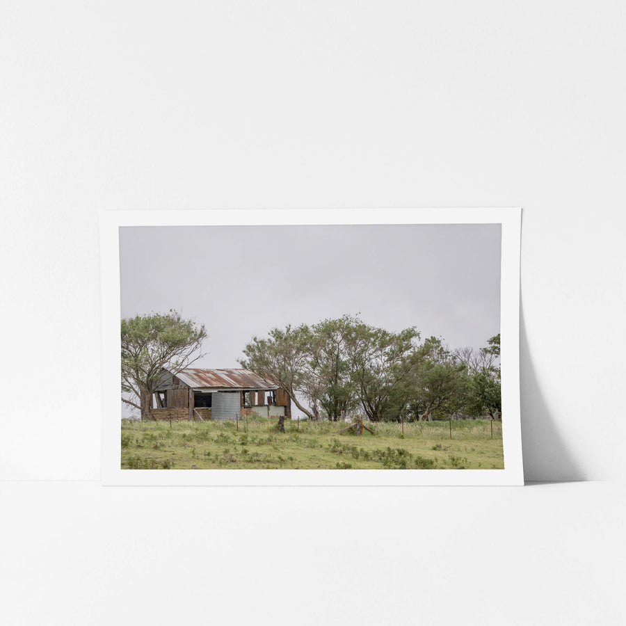 Rocky Hall Hills Hut at A Place to Call Home, a small rural structure sits on a low green rise near Rocky Hall Hills.