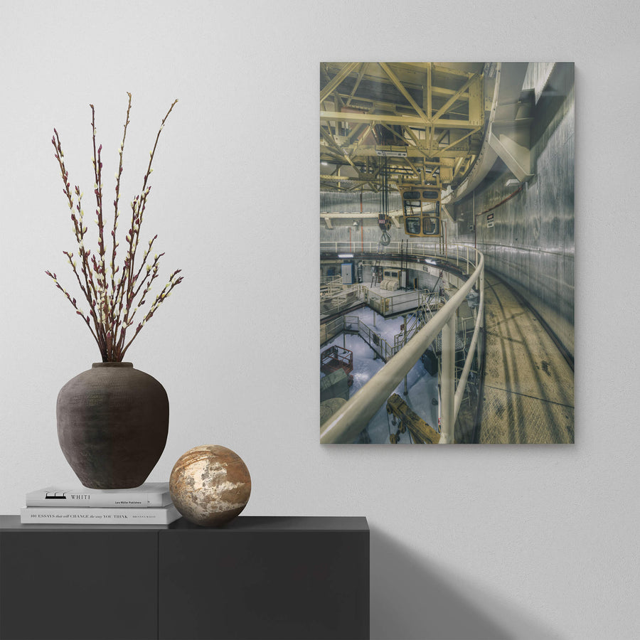 Polar Crane Catwalk at ANSTO HIFAR, this industrial photograph captures the elevated catwalk inside the HIFAR reactor.