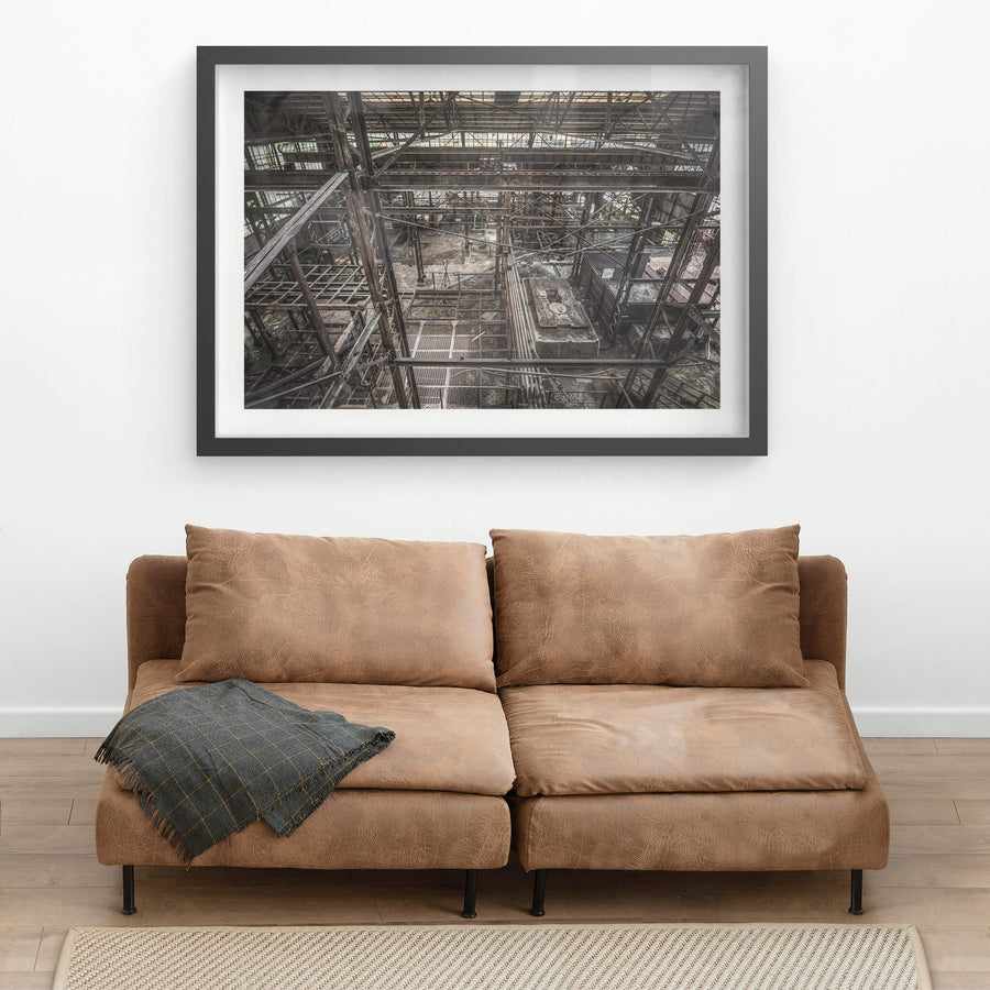 Looking Down at Ashio Copper Mine, steel framework fills the entire frame, viewed from an elevated gantry looking down.