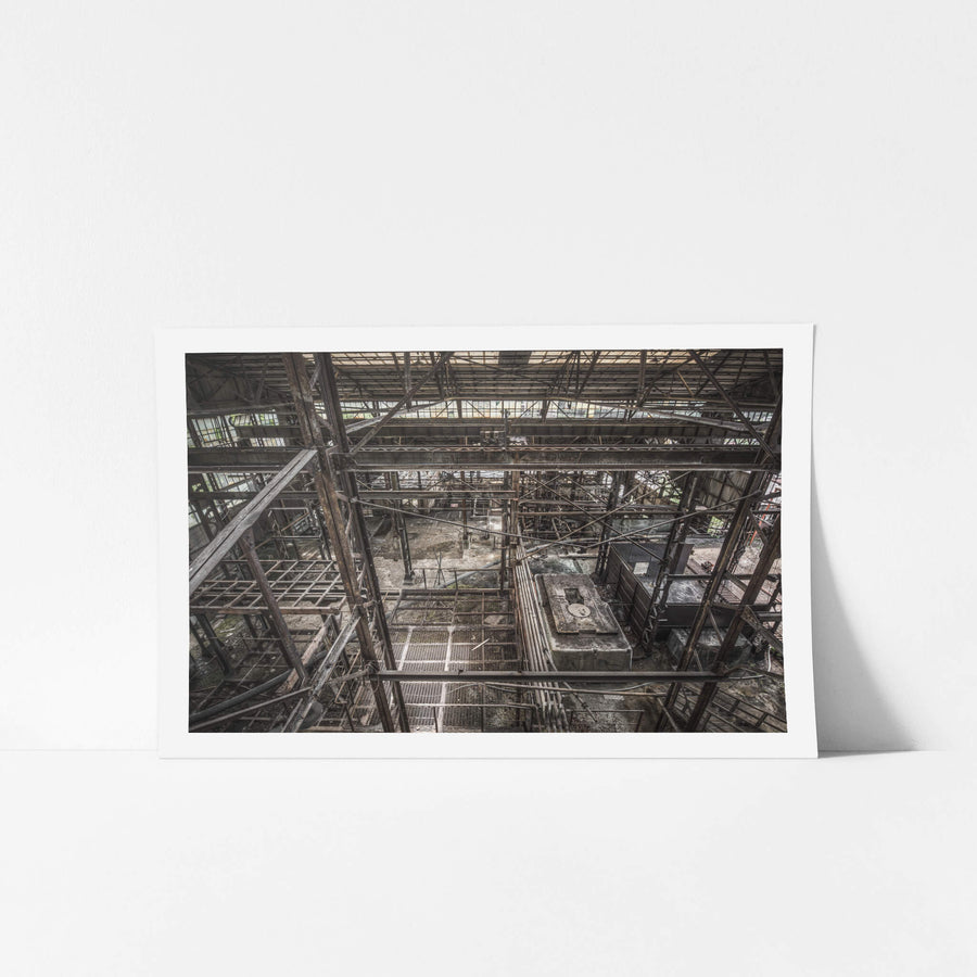 Looking Down at Ashio Copper Mine, steel framework fills the entire frame, viewed from an elevated gantry looking down.