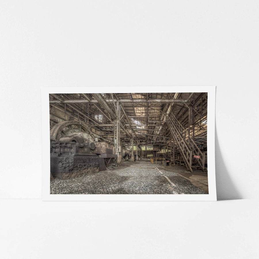 Milling Area at Ashio Copper Mine, a large drum mill sits bolted to its concrete plinth, Japanese characters cast.