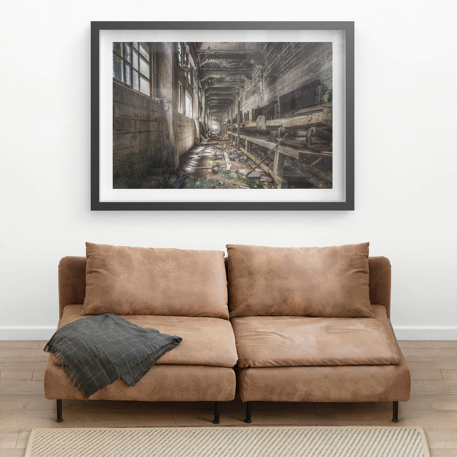 Raw Material Chutes at Ashio Copper Mine, a long concrete corridor stretches deep into the building, narrowing to a faint.