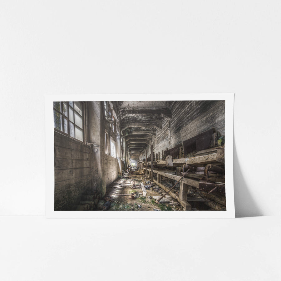 Raw Material Chutes at Ashio Copper Mine, a long concrete corridor stretches deep into the building, narrowing to a faint.