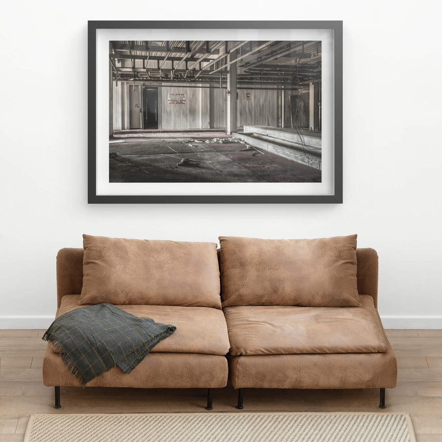 Pig Kill Floor at Blayney Abattoir, steel I-beams span the ceiling above corrugated metal walls.
