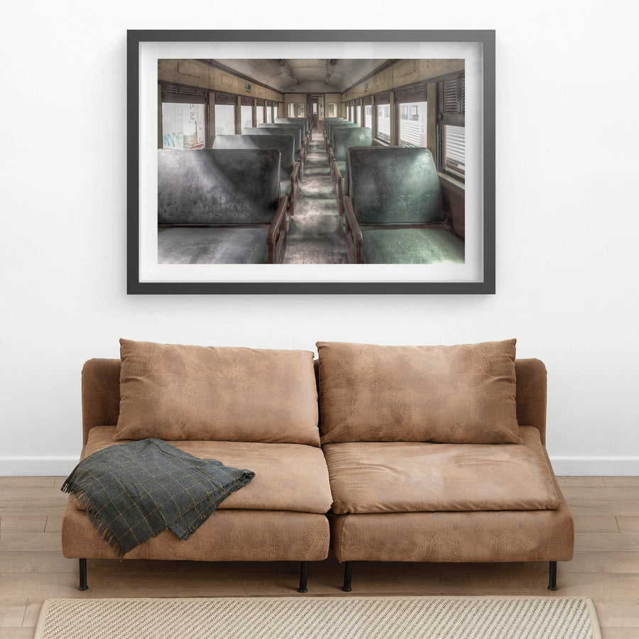 3102 Main Passenger Car at Eveleigh Paint Shop, green vinyl seats run in two rows down the centre aisle of Car 3102.
