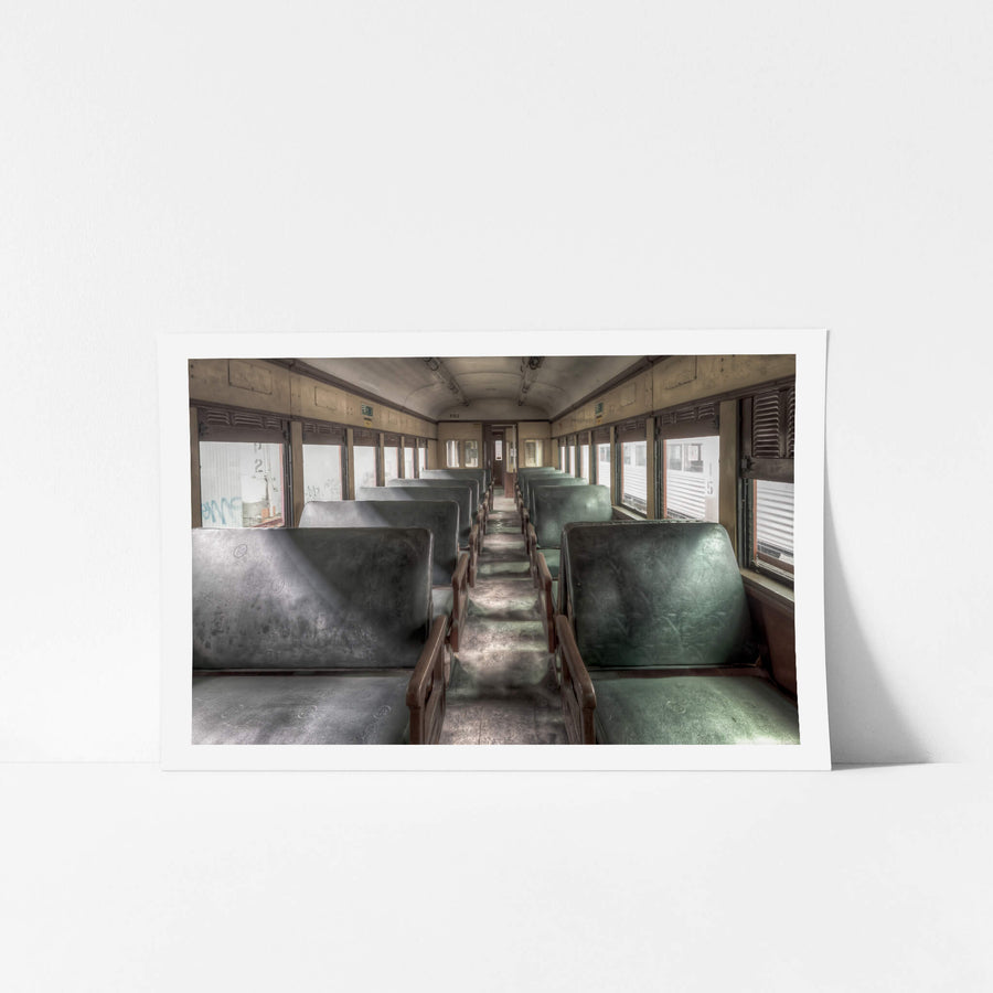 3102 Main Passenger Car at Eveleigh Paint Shop, green vinyl seats run in two rows down the centre aisle of Car 3102.