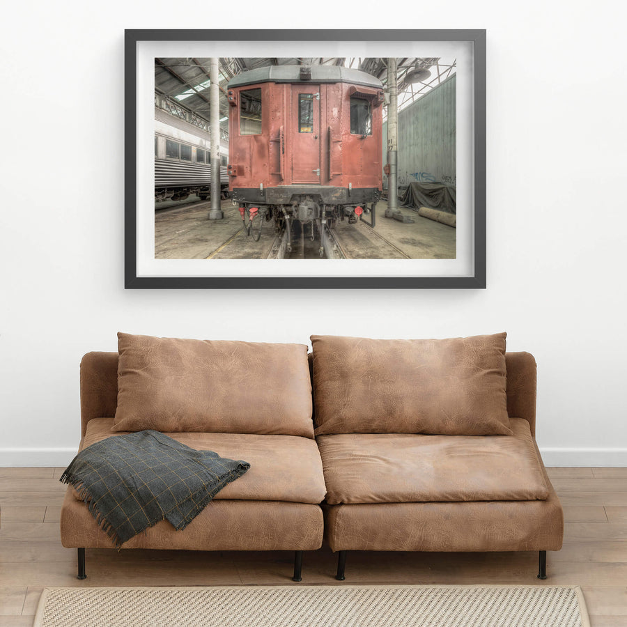 4052 Exterior at Eveleigh Paint Shop, a riveted steel carriage sits square on the tracks inside the Eveleigh Paint Shop.