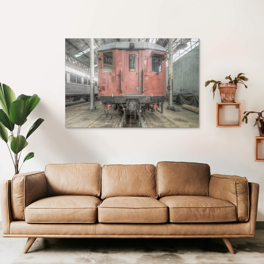 4052 Exterior at Eveleigh Paint Shop, a riveted steel carriage sits square on the tracks inside the Eveleigh Paint Shop.