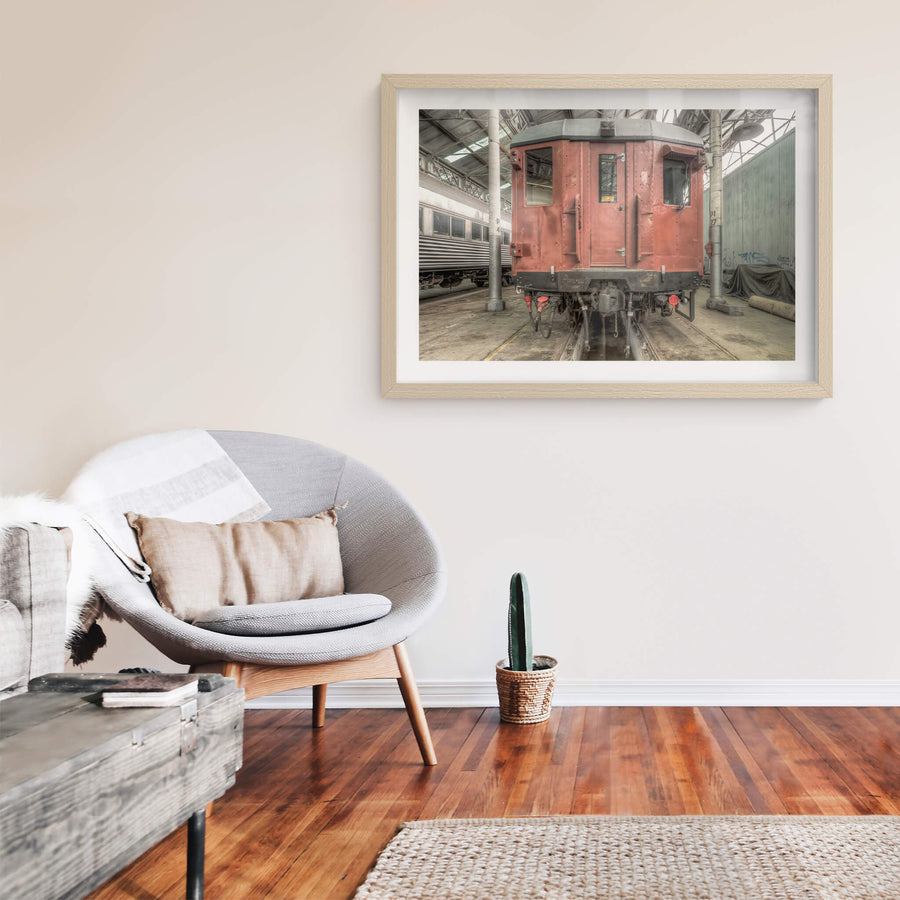 4052 Exterior at Eveleigh Paint Shop, a riveted steel carriage sits square on the tracks inside the Eveleigh Paint Shop.