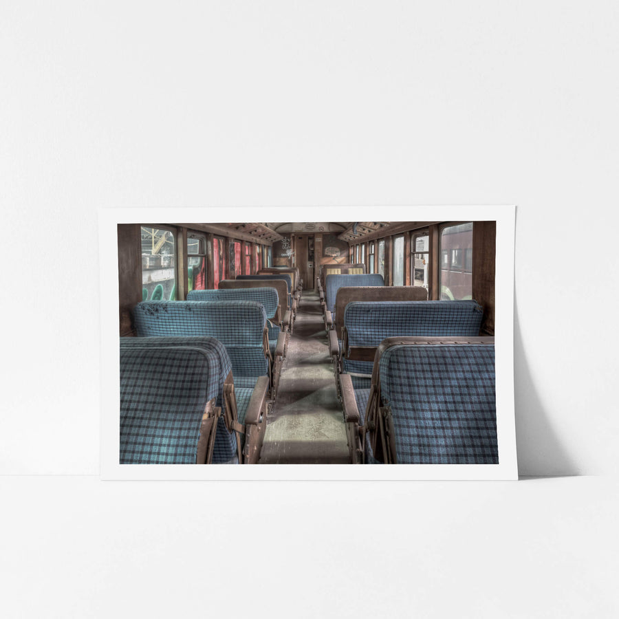 Air Conditioned Car at Eveleigh Paint Shop, blue tartan upholstery lines both sides of the aisle in tight rows.