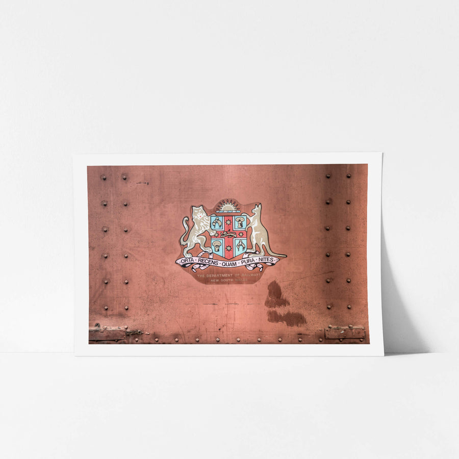 NSW State Emblem at Eveleigh Paint Shop, the New South Wales coat of arms sits centre on a riveted steel panel.