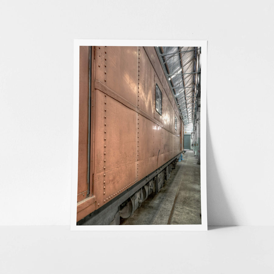 Parcel Van 3903 Exterior at Eveleigh Paint Shop, the riveted steel panels of this parcel van bear the marks of time, their once-uniform surface textured by decades of service.