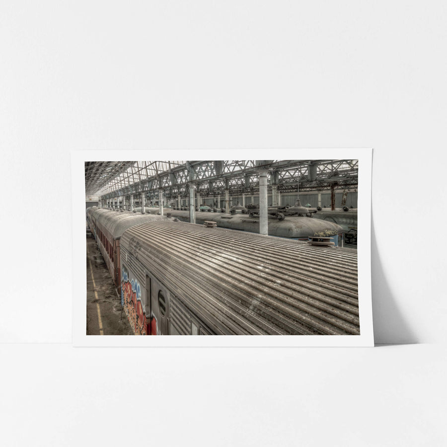 Power Van at Eveleigh Paint Shop, stainless steel roof ribs run the length of a PHA-class power van, its corrugated surface thick with grey dust.