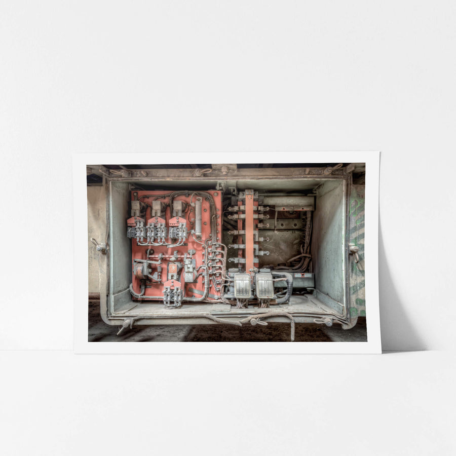 Regenerative Braking System at Eveleigh Paint Shop, a heavy steel enclosure sits open, its wing-bolt latches unfastened.