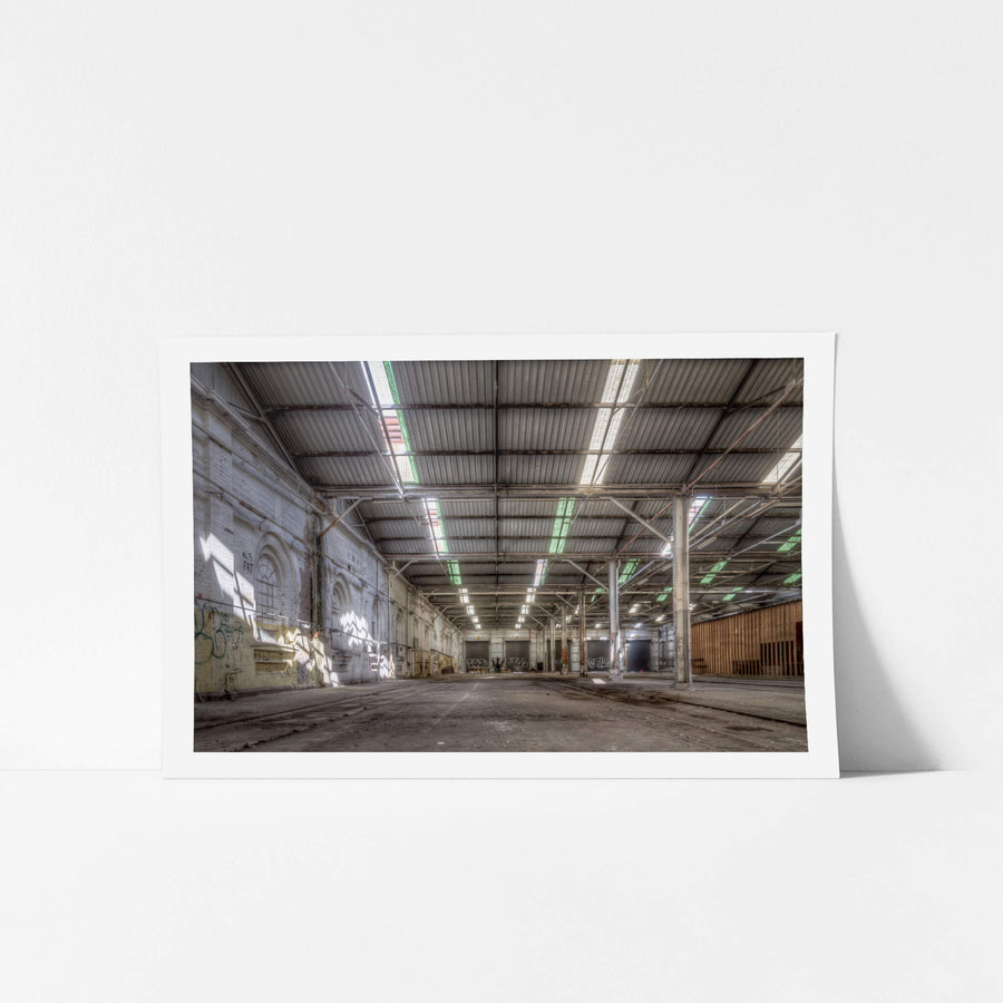 Suburban Car Workshop at Eveleigh Paint Shop, facing west toward Carriageworks, this view captures the interior of the suburban car workshop, an extension added to the Eveleigh Paint Shop for the overhaul of Sydney’s electric train fleet.