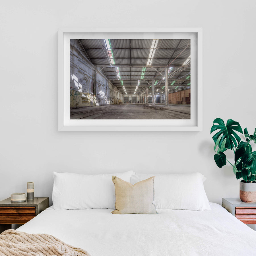 Suburban Car Workshop at Eveleigh Paint Shop, facing west toward Carriageworks, this view captures the interior of the suburban car workshop, an extension added to the Eveleigh Paint Shop for the overhaul of Sydney’s electric train fleet.