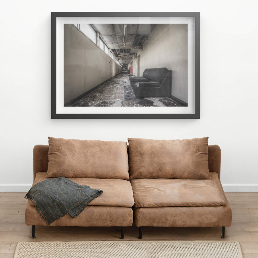 Corridor at Family School Fureai, a passage which led along the badly ruined lower level of the building, running past.