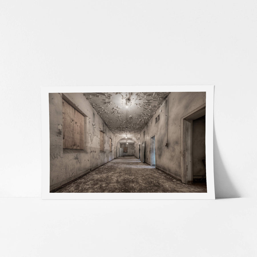 Kirkbride Cells at Female Ward 9 & 10, a corridor with patient rooms on the right under heavily peeling paint.