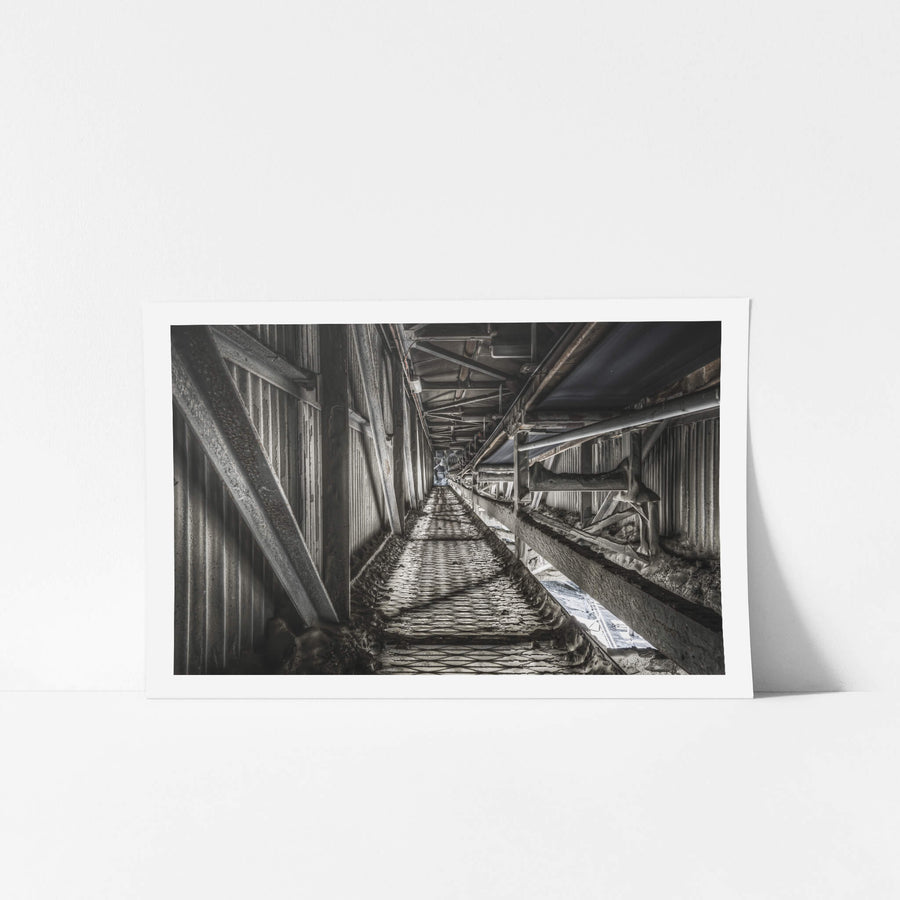 Cement Mill Conveyor at Kandos Cement Works, a narrow corridor stretches deep between corrugated iron walls.