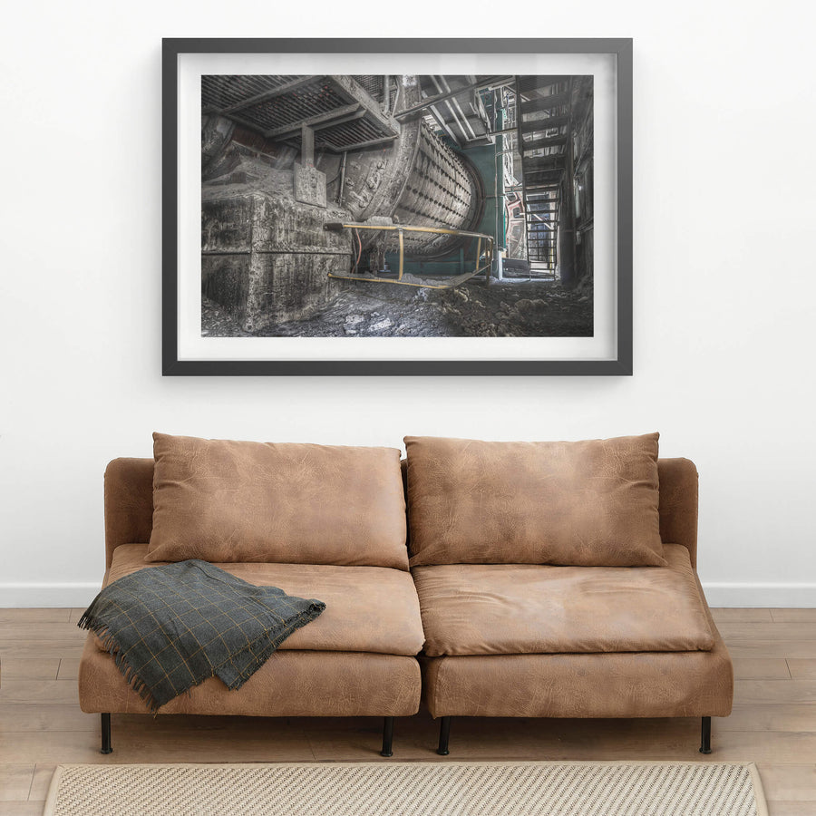 No 4 Cement Mill at Kandos Cement Works, a massive ball mill fills the ground floor, its riveted steel drum disappearing.