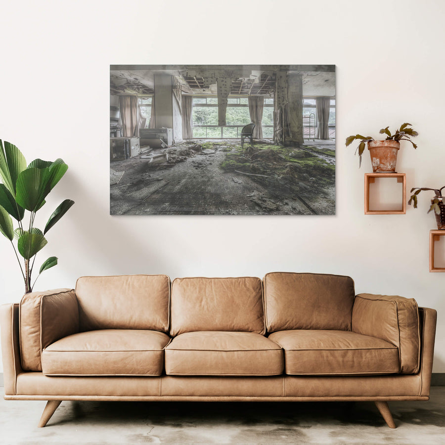 Dining Room at Kinugawa Kan, a thick mat of moss stretches across the floor, creeping over broken tiles and fallen plaster.