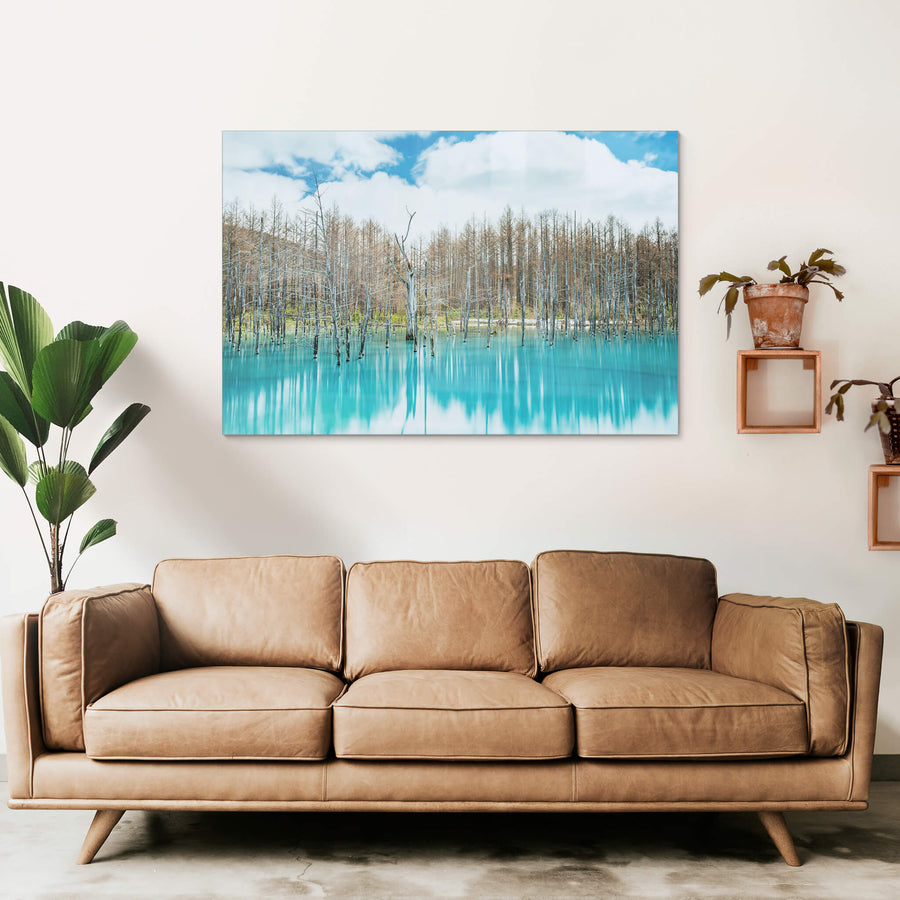 Aoiike at Landscapes, dead birch and larch stand upright in opaque turquoise water.