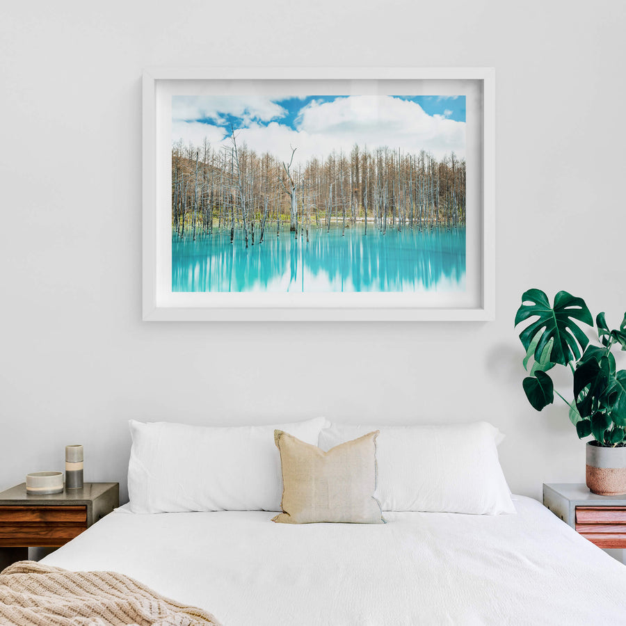Aoiike at Landscapes, dead birch and larch stand upright in opaque turquoise water.