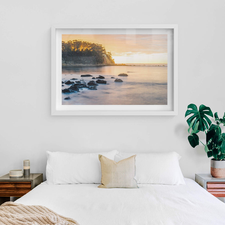 Murrumbulga Point at Landscapes, looking across Quarantine Bay with the sun rising over Oman Point.