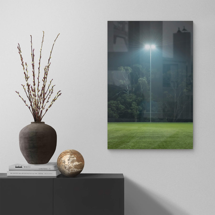 Nightlight at Landscapes, a single floodlight illuminates the night, standing tall against the backdrop of silhouetted trees.