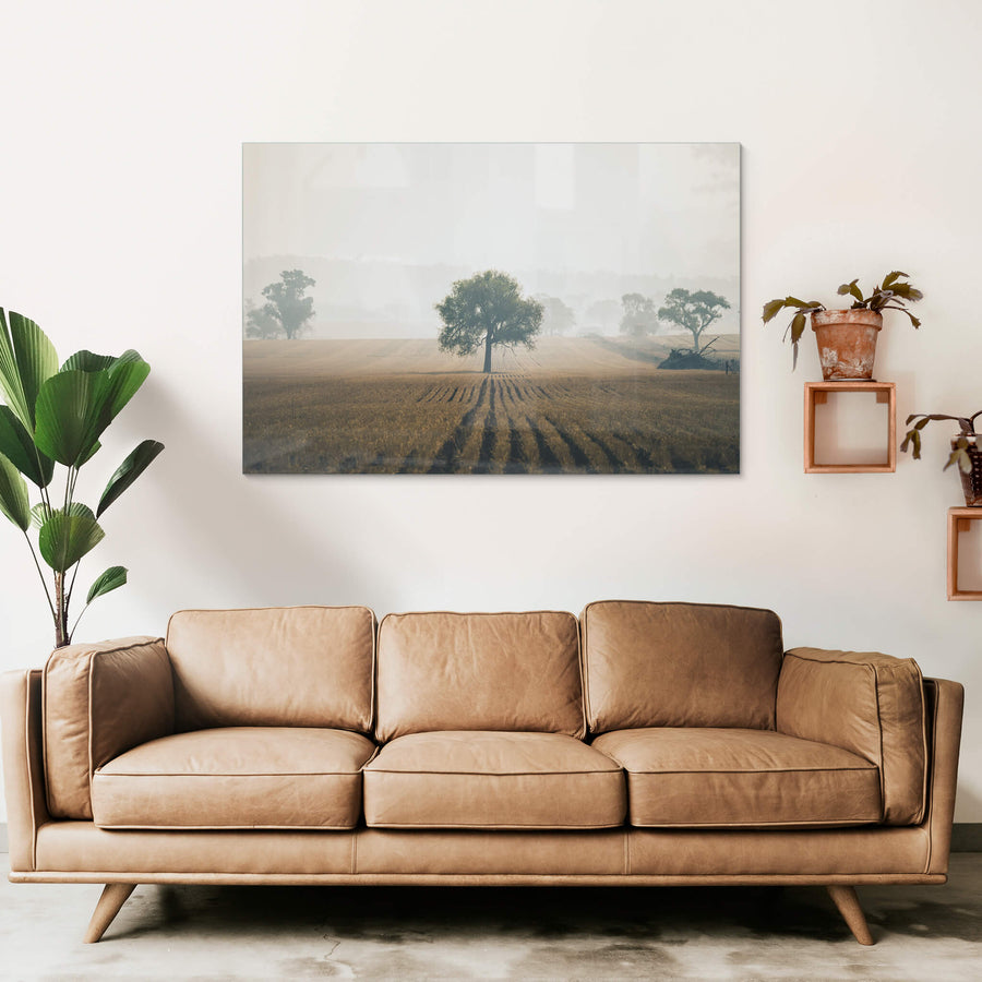 Solitude at Landscapes, stubble rows run in straight lines across a harvested grain field, dark furrows cutting through dry.