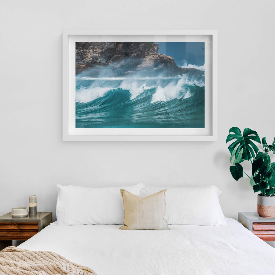 Tura Beach Waves at Landscapes, wild waves crash against a backdrop of the rocky cliff heads of Tura Beach.