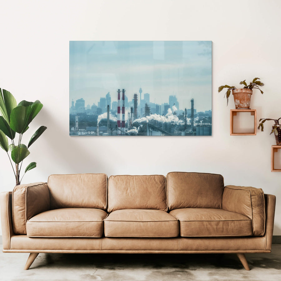 Twin Cities at Landscapes, an industrial city in front of a hazy capital city.