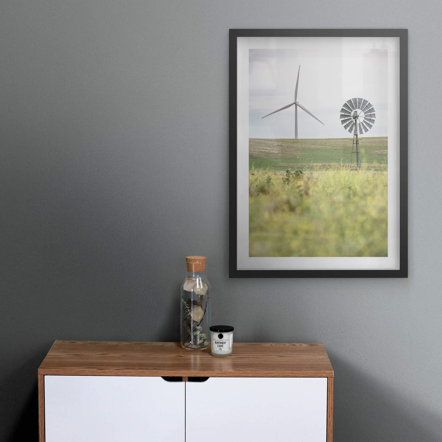 What Came Before at Landscapes, a galvanised multi-blade windmill stands on a steel lattice tower in the foreground.