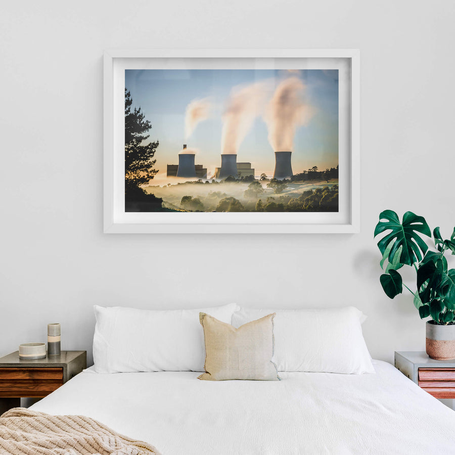 Yallourn Power Station at Landscapes, three cooling towers rise from a valley thick with morning fog.
