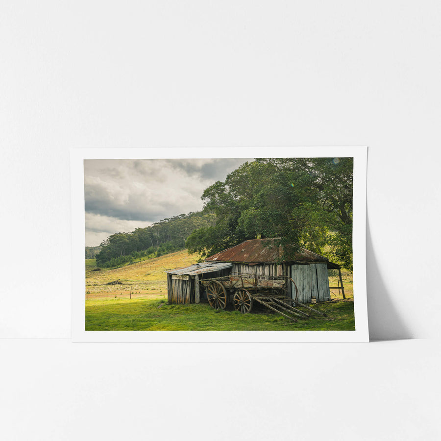Hills at Leichhardt House, a weathered timber shed sits low against green pasture, its corrugated iron roof streaked deep.