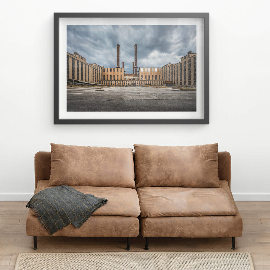 AB Launder Yard at Morwell Power Station, two brick chimneys rise from the centre of the frame, flanked by the symmetrical.