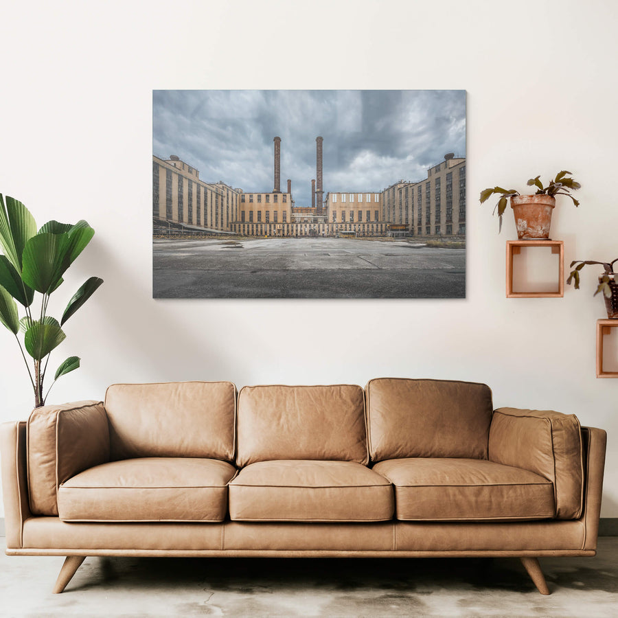 AB Launder Yard at Morwell Power Station, two brick chimneys rise from the centre of the frame, flanked by the symmetrical.