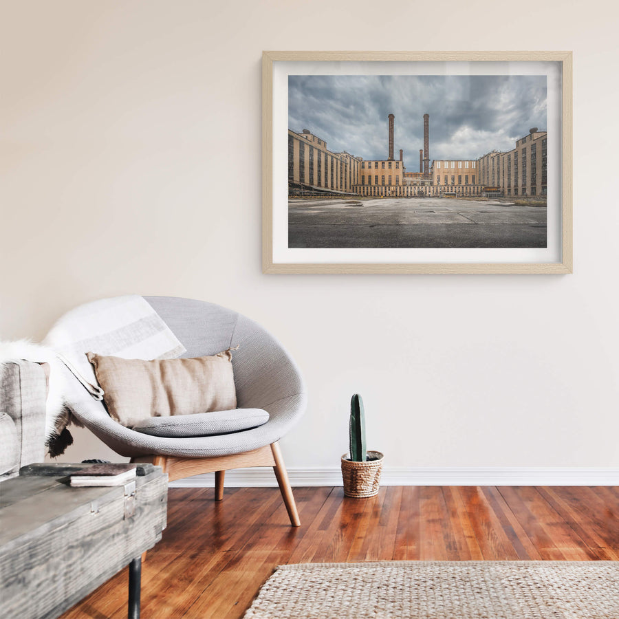 AB Launder Yard at Morwell Power Station, two brick chimneys rise from the centre of the frame, flanked by the symmetrical.