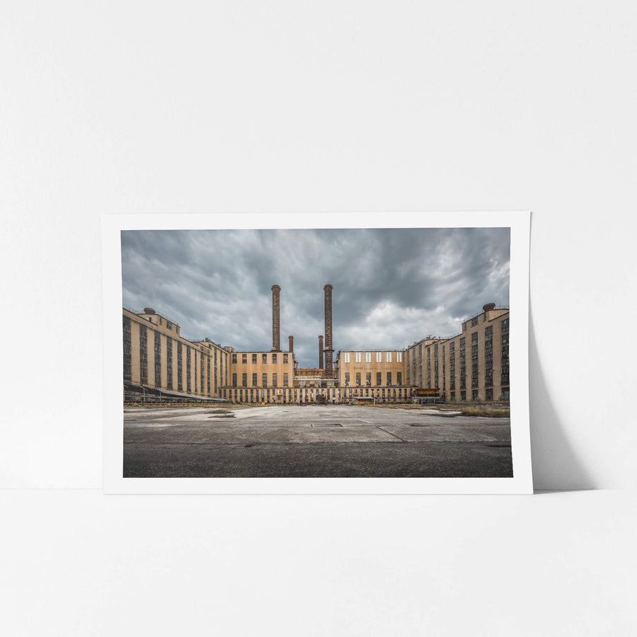 AB Launder Yard at Morwell Power Station, two brick chimneys rise from the centre of the frame, flanked by the symmetrical.