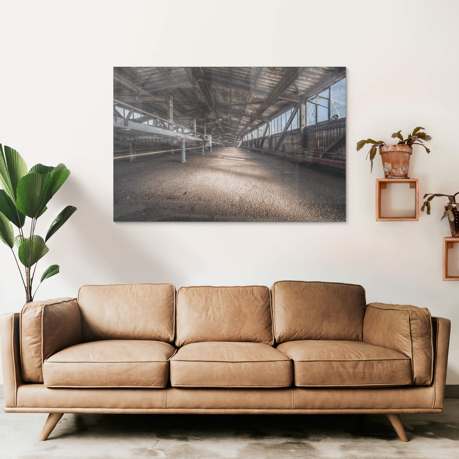 M50s at Morwell Power Station, a long covered conveyor gallery stretches into the distance, its timber-lined roof darkened.