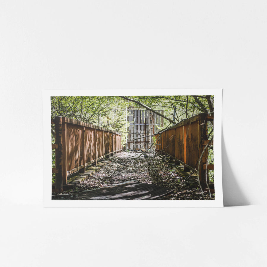 Bridge at Nichitsu Mining Village, a steel pedestrian bridge sits buried under fallen branches and leaf litter.