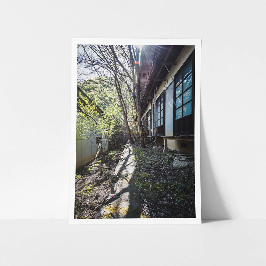 Garden at Nichitsu Mining Village, a narrow passage runs between a traditional Japanese timber-frame house and a corrugated.